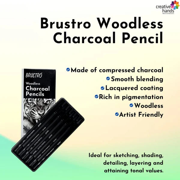 Brustro Woodless Charcoal Pencil Set of 6 (3 Soft, 2 Medium, 1 Hard)