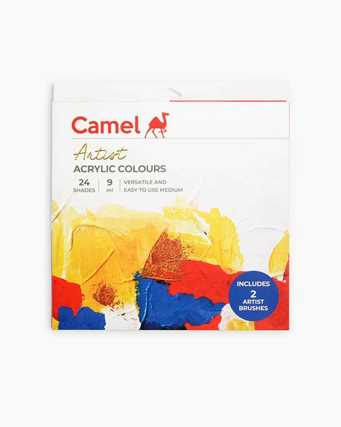 Camel Artist Acrylic Colours 24 Assorted Shades 9ml tubes (2 Artist Brushes Free)