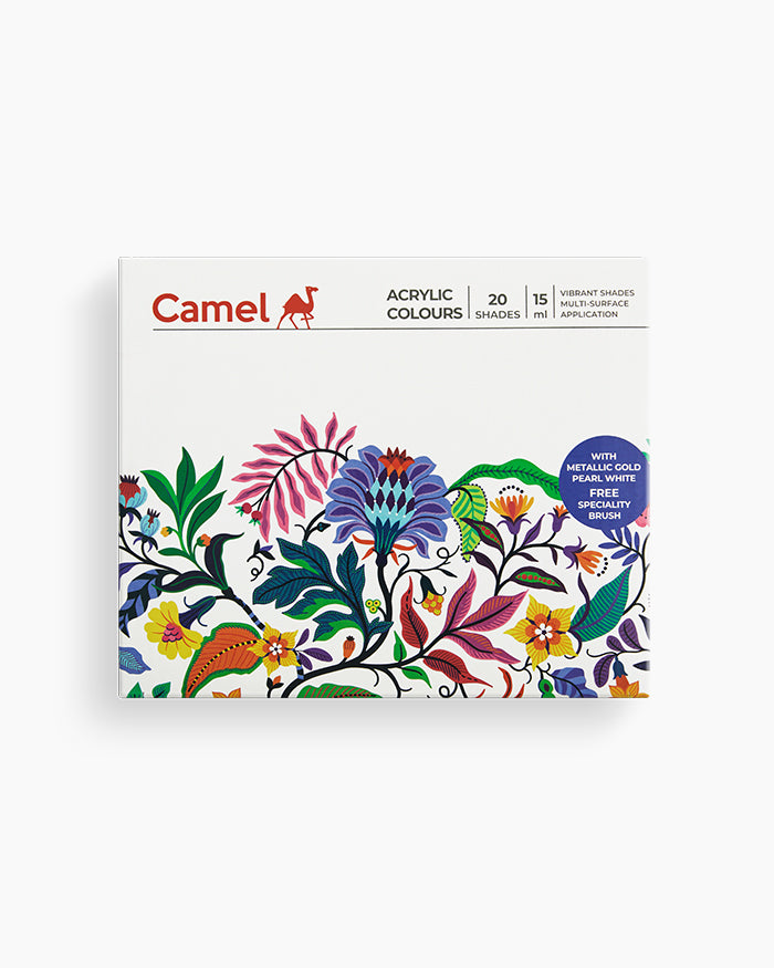 Camel Acrylic Colours Pack of 20 Assorted Shades 15ml Each(1 Specialty Brush free)