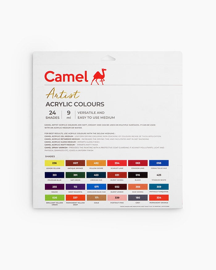 Camel Artist Acrylic Colours 24 Assorted Shades 9ml tubes (2 Artist Brushes Free)