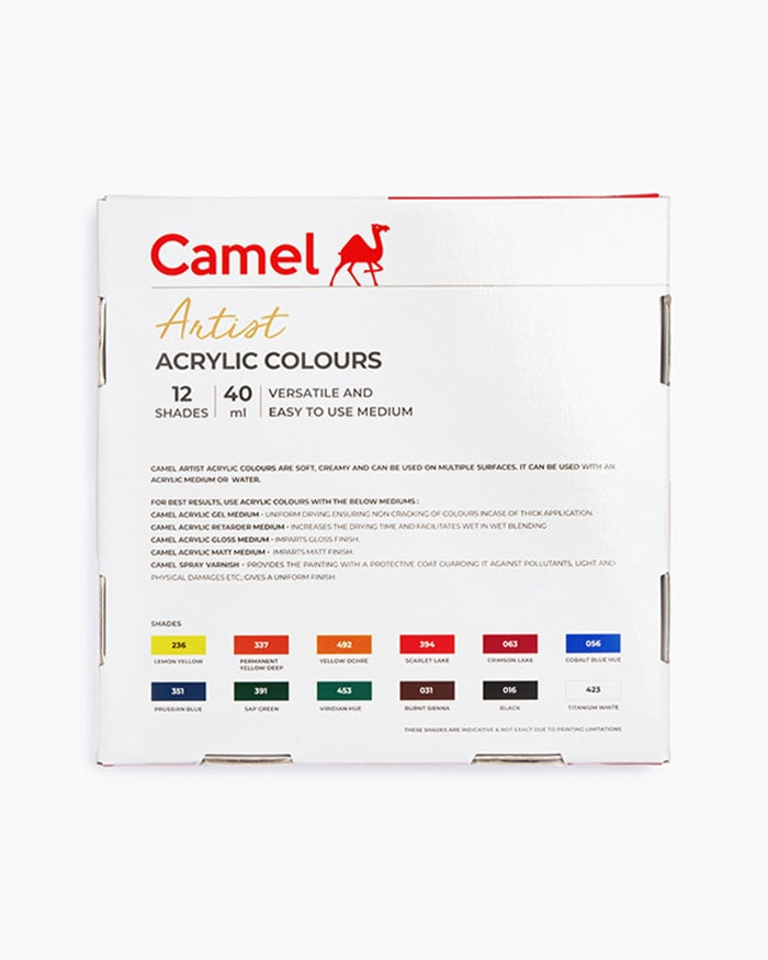 Camel Artist Acrylic Colours 12 Assorted Shades 40ml Tubes(Free Camel Gel and Retarder Medium)