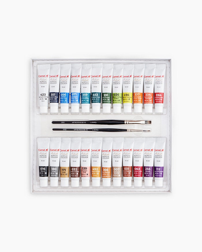 Camel Artist Acrylic Colours 24 Assorted Shades 9ml tubes (2 Artist Brushes Free)