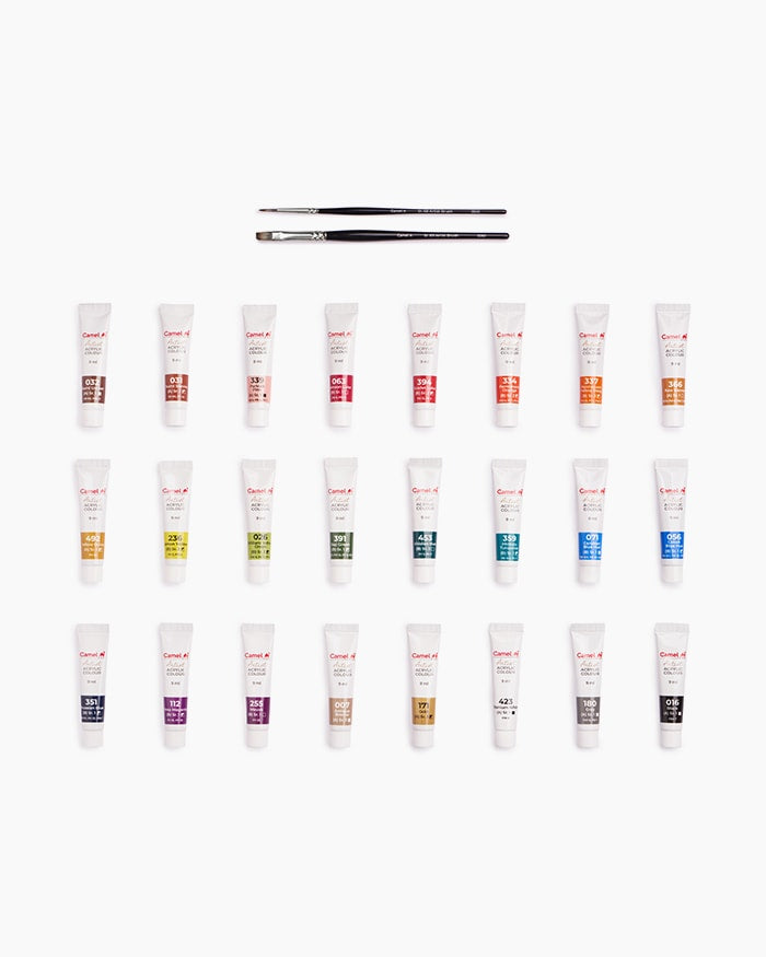 Camel Artist Acrylic Colours 24 Assorted Shades 9ml tubes (2 Artist Brushes Free)