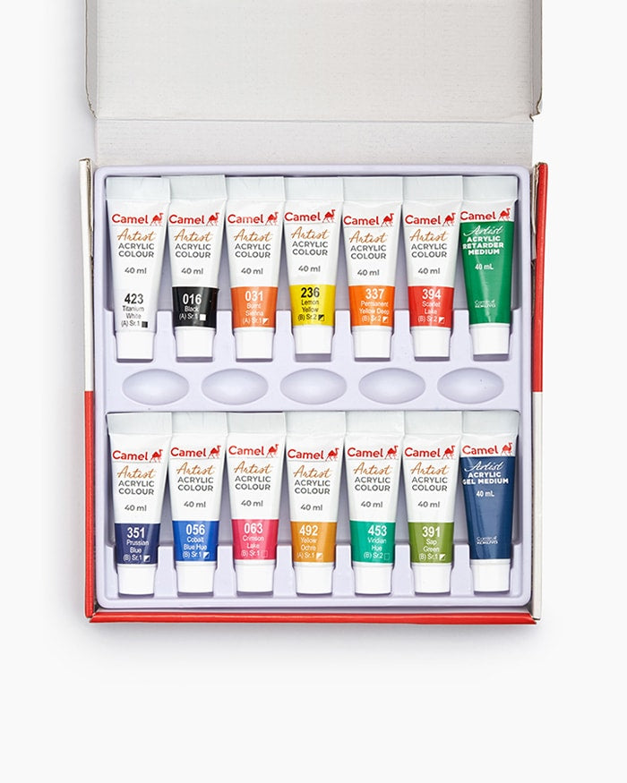 Camel Artist Acrylic Colours 12 Assorted Shades 40ml Tubes(Free Camel Gel and Retarder Medium)