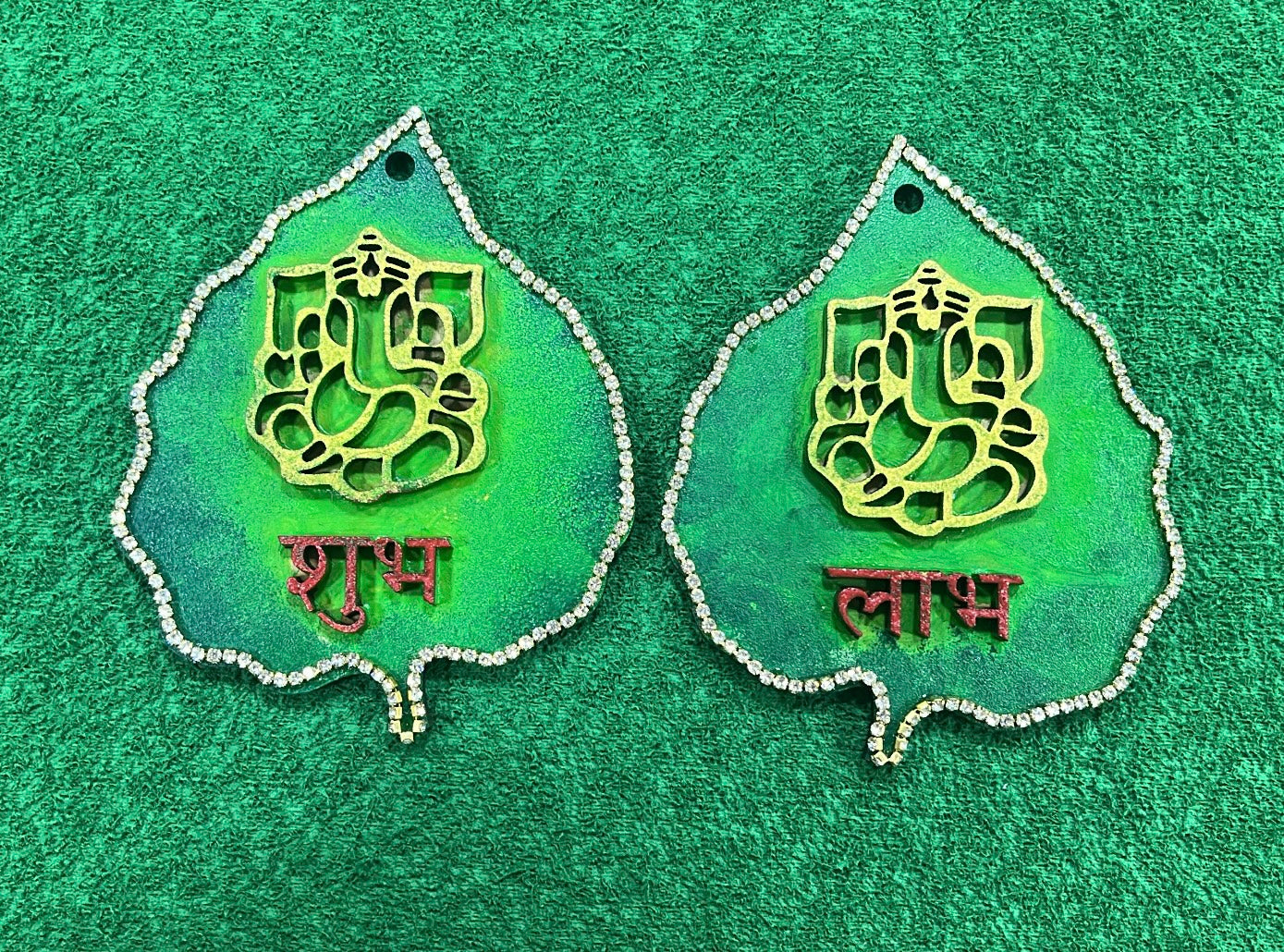 MDF Shubh Labh Leaf Shape with Ganpati Cutout 4Inch (2layer of 4mm each)